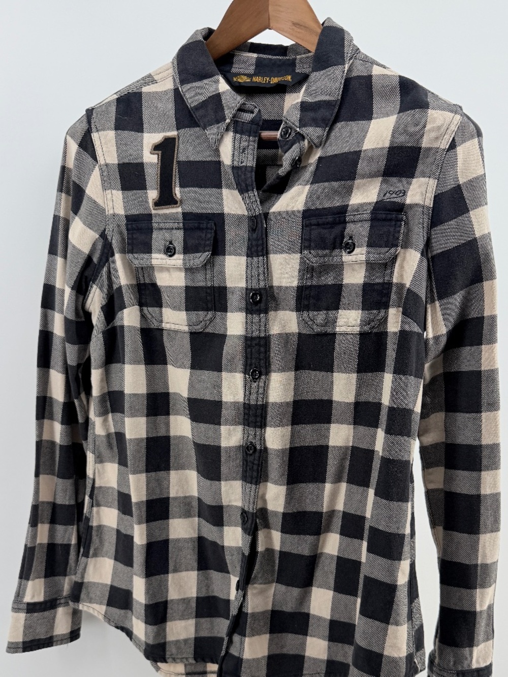 Harley-Davidson Buffalo Check Shirt Medium Studded Back Logo Black Cream